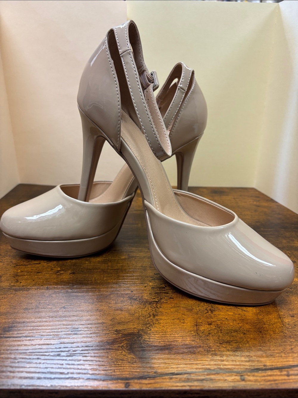 Classic Nude Patent Platform Pump with Ankle Strap